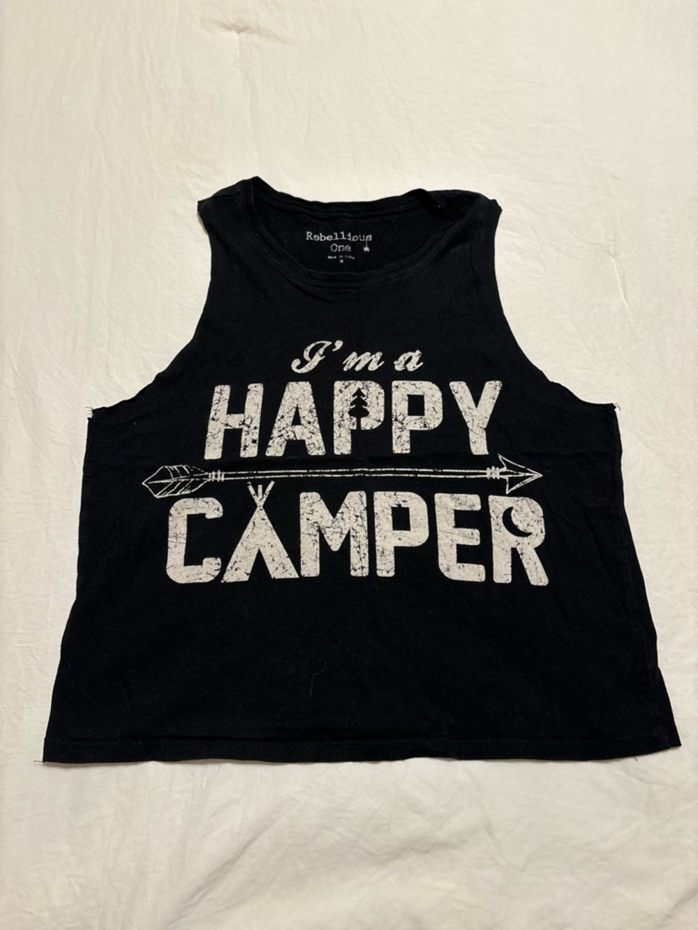 Rebellious One Black Graphic 'I'm a Happy Camper' Tank